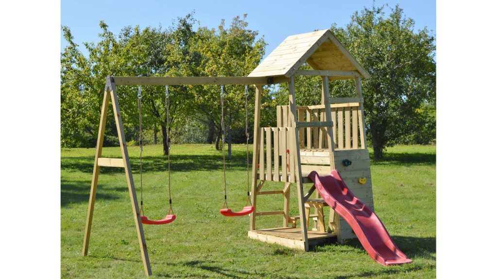 J10 Djecji toranj s toboganom pjescanikom klupom za piknik i dvostrukom ljuljackom1 1 1024x576